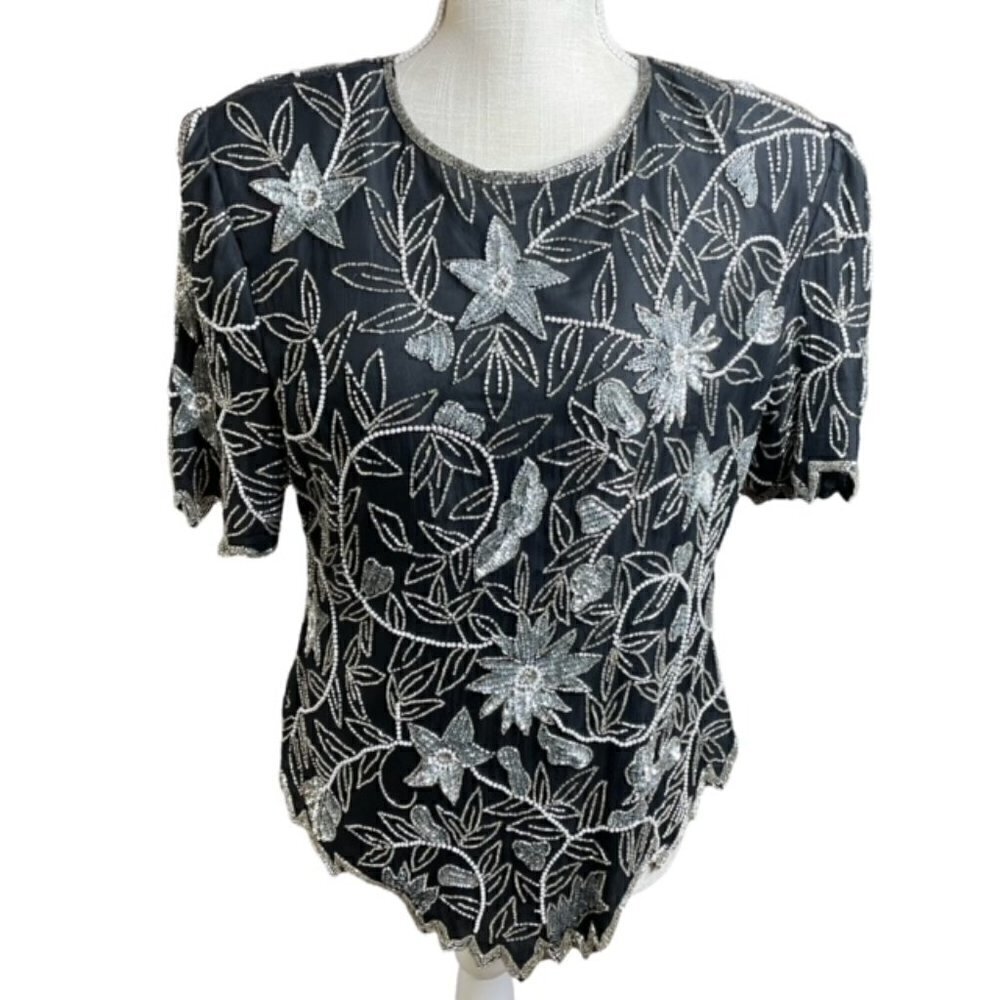 LAURENCE KAZAR Vintage Sequined Beaded Silk Blouse - Size XL